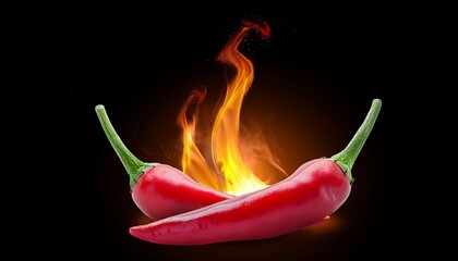 two fresh red chilies that are very spicy with a flare of flames transparent background
