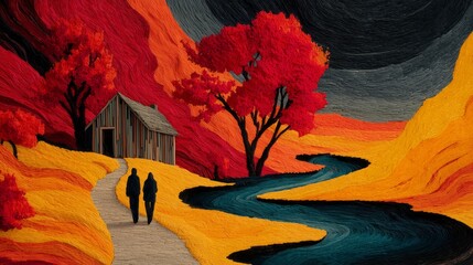 two people walking on the road, red and yellow color scheme, red tree in front of wooden house, flowing landscape style, dark gray sky, black mountain background