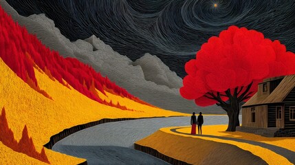 two people walking on the road, red and yellow color scheme, red tree in front of wooden house, flowing landscape style, dark gray sky, black mountain background