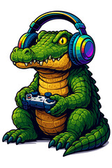 Cute crocodile with headphones and game controller vector illustration