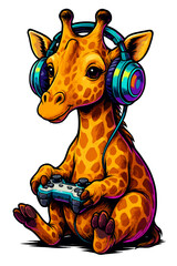 Cute giraffe with headphones and game controller vector illustration