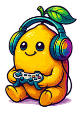 Cute lemon with headphones and game controller vector illustration