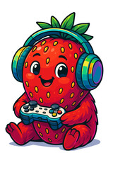 Cute strawberry with headphones and game controller vector illustration