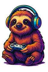 Cute sloth with headphones and game controller vector illustration