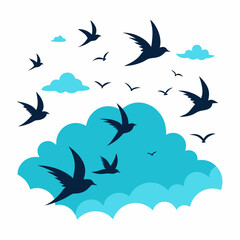 Sky filled with birds flying, vector graphic, white background