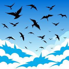 Sky filled with birds flying, vector graphic, white background