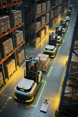 Fototapeta premium Automated forklifts navigating through a large warehouse with stacked boxes