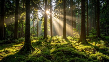 Obraz premium Sunlight Streams Through Forest Canopy