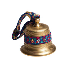 A traditional Swiss cowbell with a decorative embroidered strap, isolated on a white background. An authentic symbol of Swiss alpine culture, agriculture, and pastoral traditions.