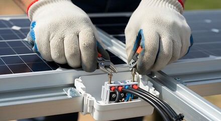 Installing Solar Panel System with Hand Tools and Protective Gloves