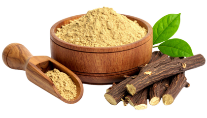 Licorice powder in wooden bowl and licorice roots isolated on white background. Suitable for marketing or business purposes. PNG file