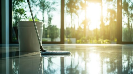 Clean Floor with Mop and Bucket in Sunlit Room Surrounded by Lush Greenery