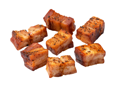 Grilled pork belly cubes isolated on transparent or white background, png