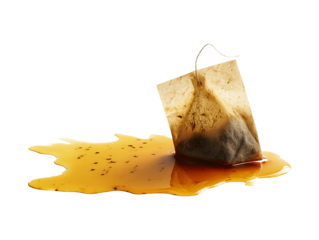 Used tea bag with tea spill isolated on transparent or white background, png