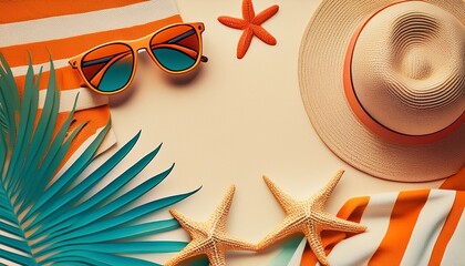 summer vacation concept with palm leaves hat sunglasses starfish and beach towel