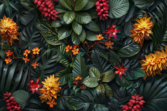 A vibrant tropical pattern featuring lush green leaves and colorful red, yellow, and orange exotic flowers on a dark background.