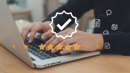 Businesswoman typing computer keyboard, with sign of the top service quality assurance on virtual screen, guarantee, standards, ISO certification and standardization concept. certified,

