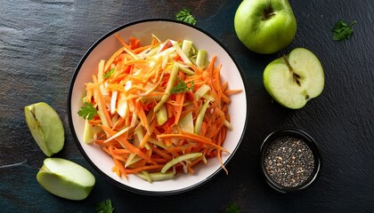 fresh vegetable slaw with julienne carrots and apple on slate background