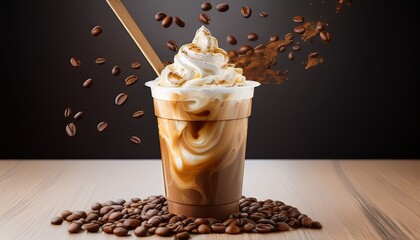 iced coffee drink with whipped cream and coffee beans playfully suspended in mid air presented in a clear plastic cup with a wooden spoon
