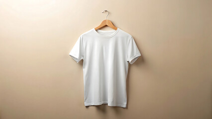 Blank white cotton t-shirt hanging on wooden hanger against beige background