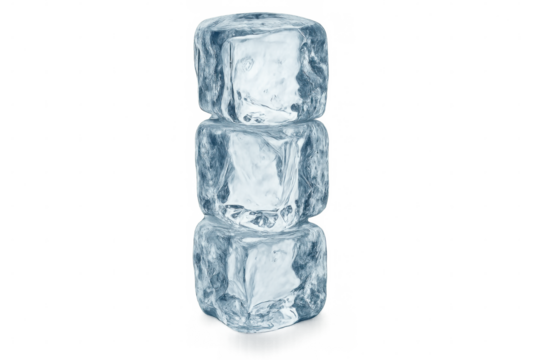 Translucent ice cubes stacked vertically, revealing crystalline texture and glistening surface, embodying cool minimalism against clean backdrop