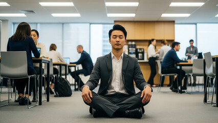 Peaceful Asian employee meditating in office break area amid a busy workplace