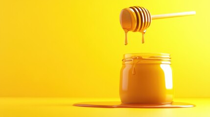 Golden Honey Dripping from Wooden Dipper into Glass Jar on Bright Yellow Background