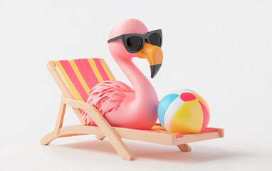 Obraz premium 3D illustration of a cute pink flamingo wearing sunglasses and holding a beach ball, sitting next to a deck chair on a white background