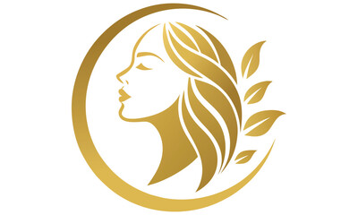 Elegant golden profile of a woman with leaves in a circular frame for beauty and wellness logo