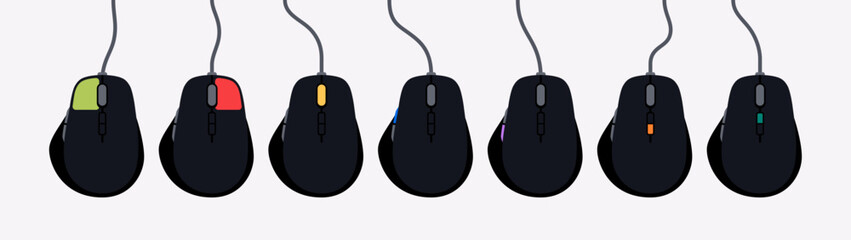 Mouse. Vector set of computer mice with highlighted buttons. Includes wired and wireless models. Ideal for instructions, tutorials, UI/UX guides, interaction diagrams, and tech documentation. Black.