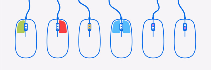 Mouse. Vector set of computer mice with highlighted buttons. Includes wired and wireless models. Ideal for instructions, tutorials, UI/UX guides, interaction diagrams, and tech documentation. Outline.