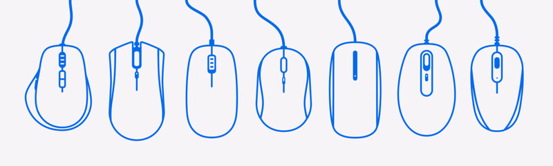 Vector set of various computer mice. Mouse isolated. Includes modern, wired and wireless designs. Ideal for tech, UI/UX, hardware icons, office setups, and digital device illustrations. Outline.