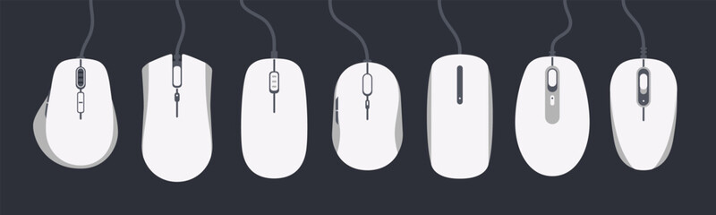 Vector set of various computer mice. Mouse isolated. Includes modern, wired, and wireless designs. Ideal for tech, UI/UX, hardware icons, office setups, and digital device illustrations. White color.