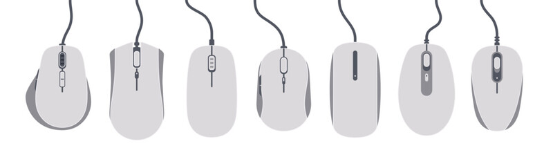 Vector set of various computer mice. Mouse isolated. Includes modern, wired, and wireless designs. Ideal for tech, UI/UX, hardware icons, office setups, and digital device illustrations. White color.