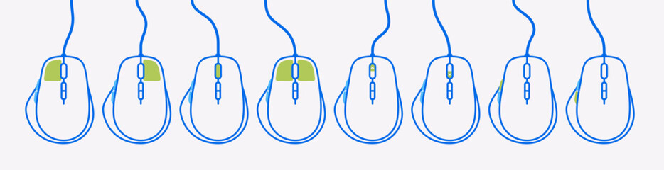Mouse. Vector set of computer mice with highlighted buttons. Includes wired and wireless models. Ideal for instructions, tutorials, UI/UX guides, interaction diagrams, and tech documentation. Outline.