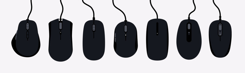 Vector set of various computer mice. Mouse isolated. Includes modern, wired, and wireless designs. Ideal for tech, UI/UX, hardware icons, office setups, and digital device illustrations. Black color.
