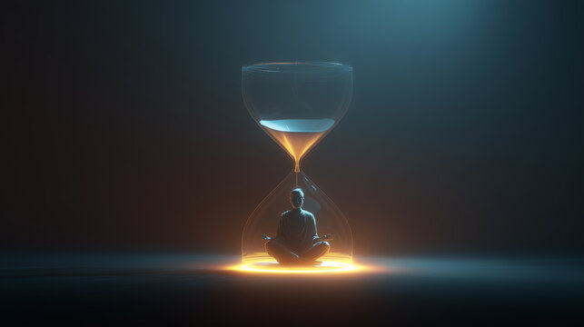 Stylized 3D render of a meditative figure encased in a glowing hourglass, representing the emotional weight of time, patience, and introspective balance.