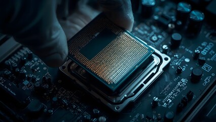 Central Processing Unit (CPU) Replacement by a repairman maintenance, updating the motherboard's hardware, microprocessor chipset, electronic engineering,
