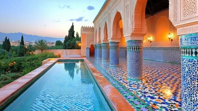 A Moroccan oasis pool area at dawn.  Colorful tile work surrounds a reflecting pool,  with arched doorways and pillars, against a mountain backdrop