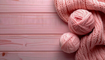 Knitting wool yarn balls in on a wooden table with copy space. Cozy knitting scene with warm texture, ideal for craft, handmade, or winter-themed designs.
