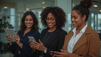 Three women in business attire using digital devices.