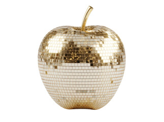 Golden disco ball apple shaped shiny festive decor, Isolated On White, Png Transparent