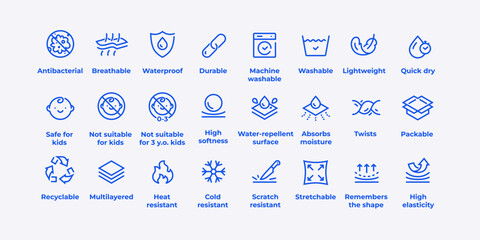 Naklejka na ściany i meble Editable vector set of product properties icons representing key features such as durability, softness, eco-friendliness, waterproofing, recyclability, and material safety. For packaging, user manuals