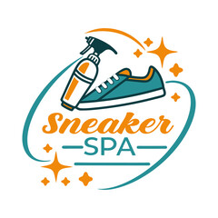 Colorful Sneaker Spa Logo Featuring Footwear and Cleaning Spray
