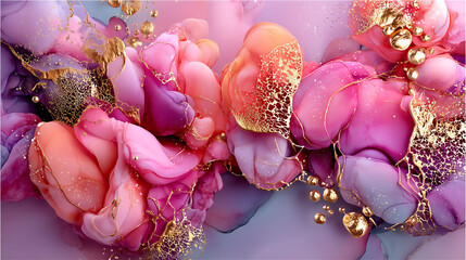 ゴールドの差し色が美しいピンクとパープルのアルコールインク背景