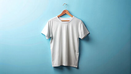 Blank white cotton t-shirt hanging on wooden hanger against light blue background