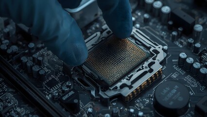Central Processing Unit (CPU) Replacement by a repairman maintenance, updating the motherboard's hardware, microprocessor chipset, electronic engineering,
