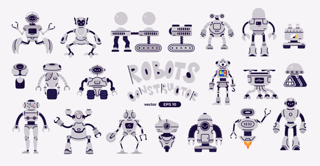 Vector set of bright and colorful robot parts. Unique elements to create fun and creative robots, perfect for design projects, kids’ games, educational materials, and imaginative construction kits.