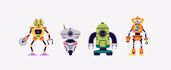 Vector set of bright and colorful robot parts. Unique elements to create fun and creative robots, perfect for design projects, kids’ games, educational materials, and imaginative construction kits.
