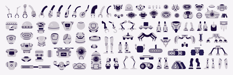 Vector set of bright and colorful robot parts. Unique elements to create fun and creative robots, perfect for design projects, kids’ games, educational materials, and imaginative construction kits.